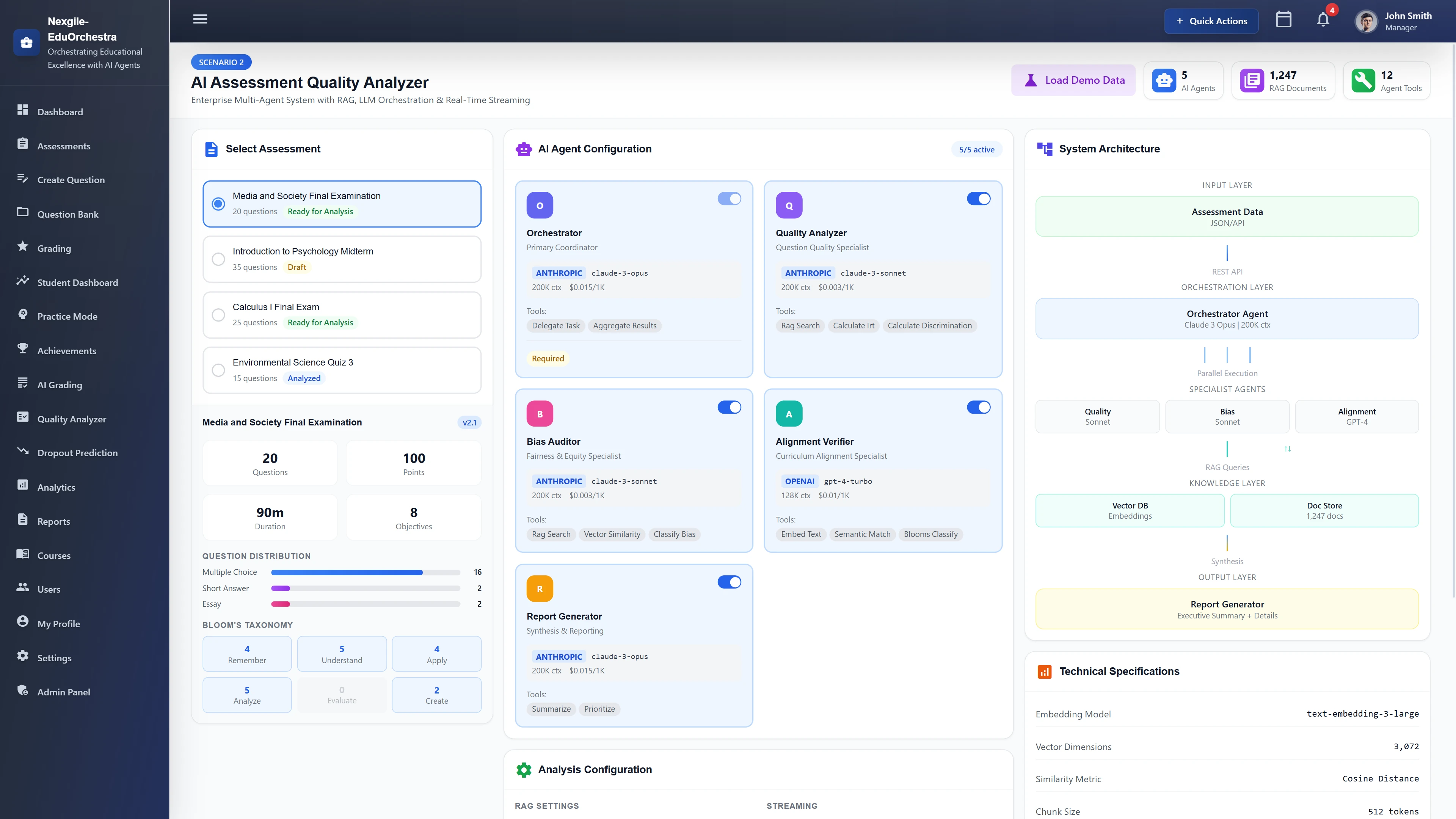 AI Assessment Quality Analyzer - Assessment selection with question distribution, Bloom's taxonomy breakdown, AI agent configuration, and system architecture diagram